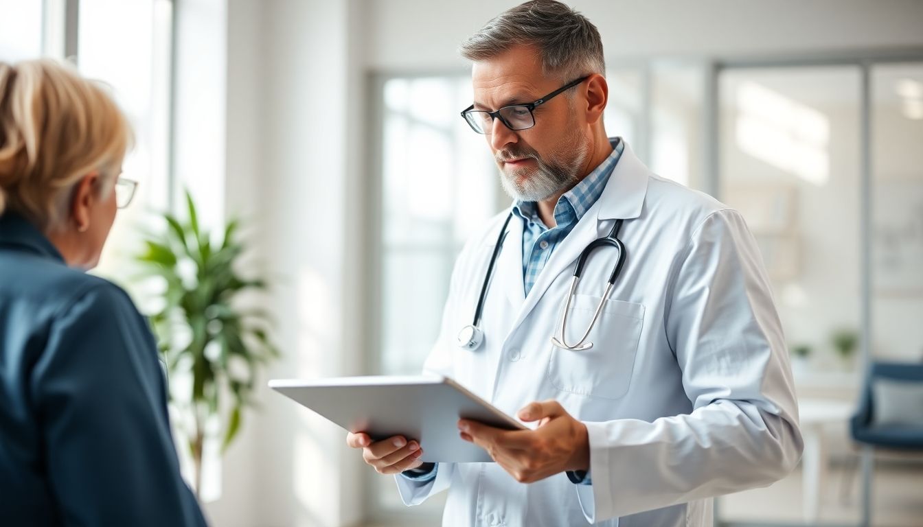 Alternativen zur Hysterektomie: Doctor showing tablet to patient in a bright room.