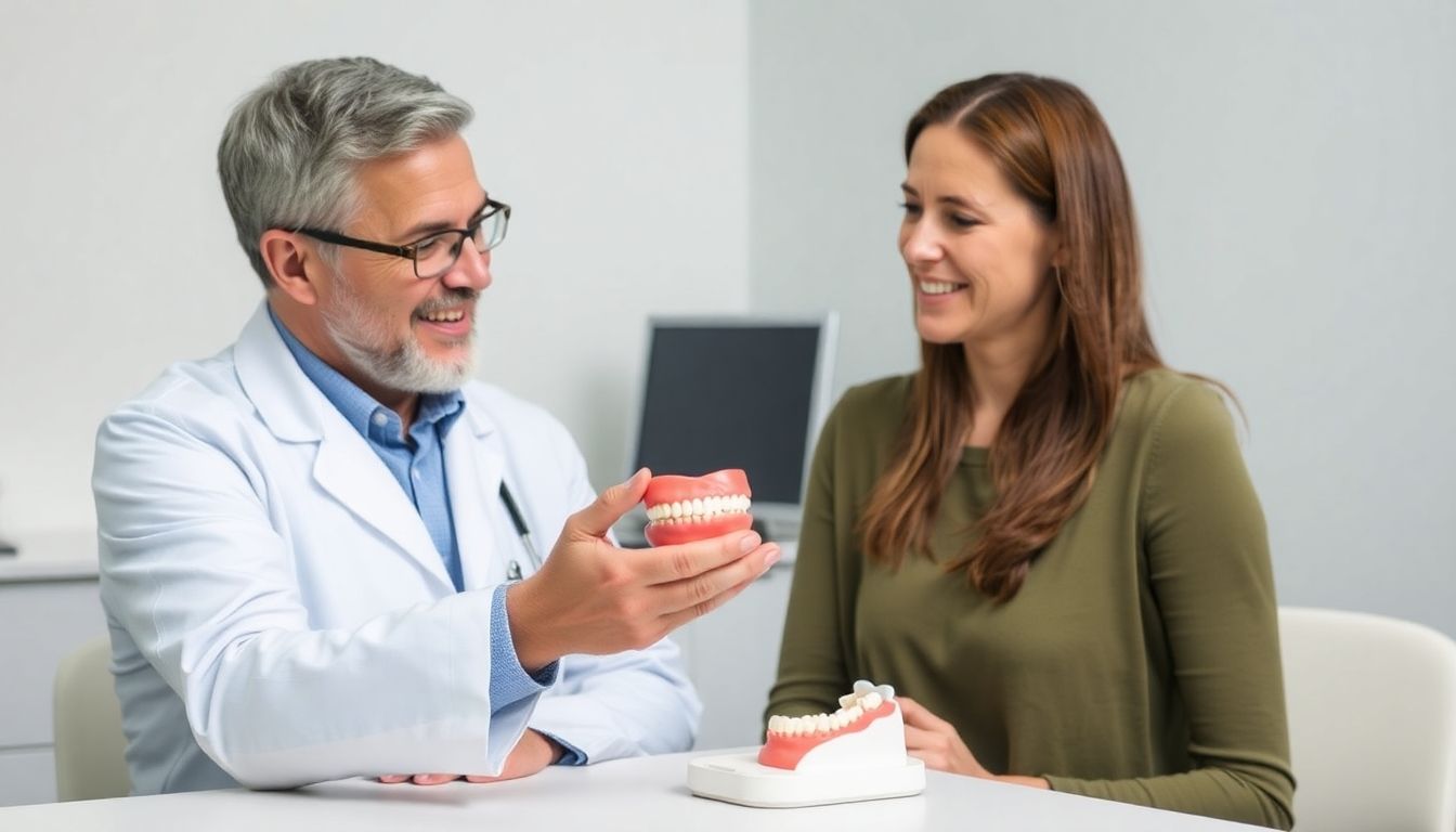 Arzt erklärt Teleskopprothese einer Patientin am Modell.