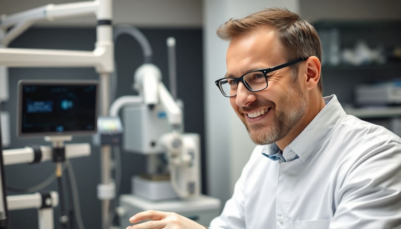 Teleskopprothese: Zahntechniker lächelt bei der Arbeit im Labor.