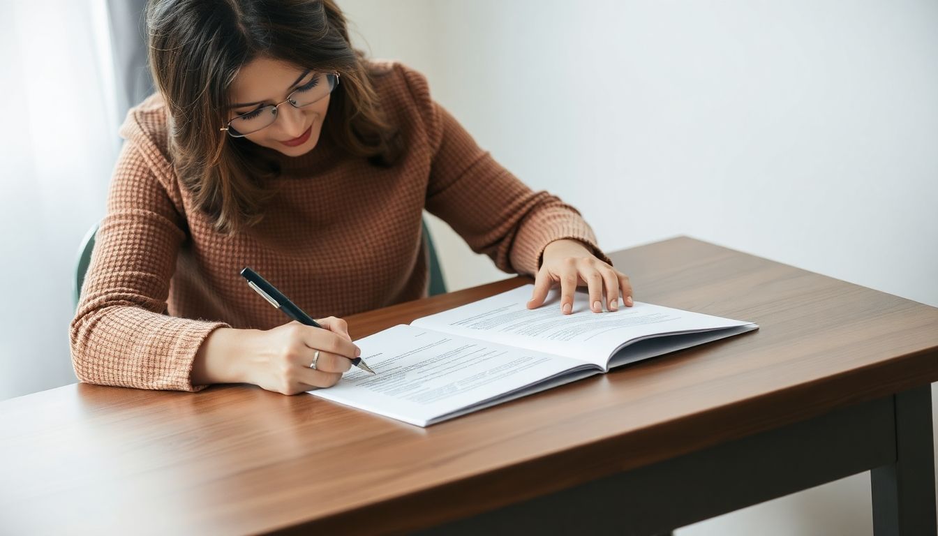 Frau unterschreibt ein Dokument auf einem Schreibtisch.