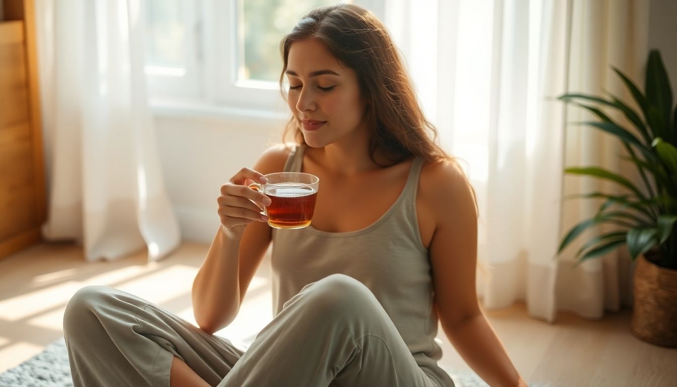 Buchinger Heilfasten: Fastende Person trinkt Kräutertee in ruhiger Umgebung