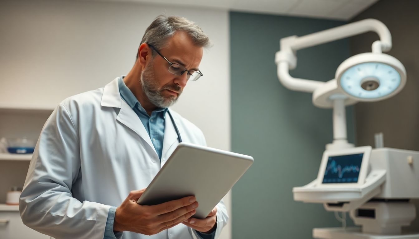 Arzt mit Tablet in heller Praxisumgebung