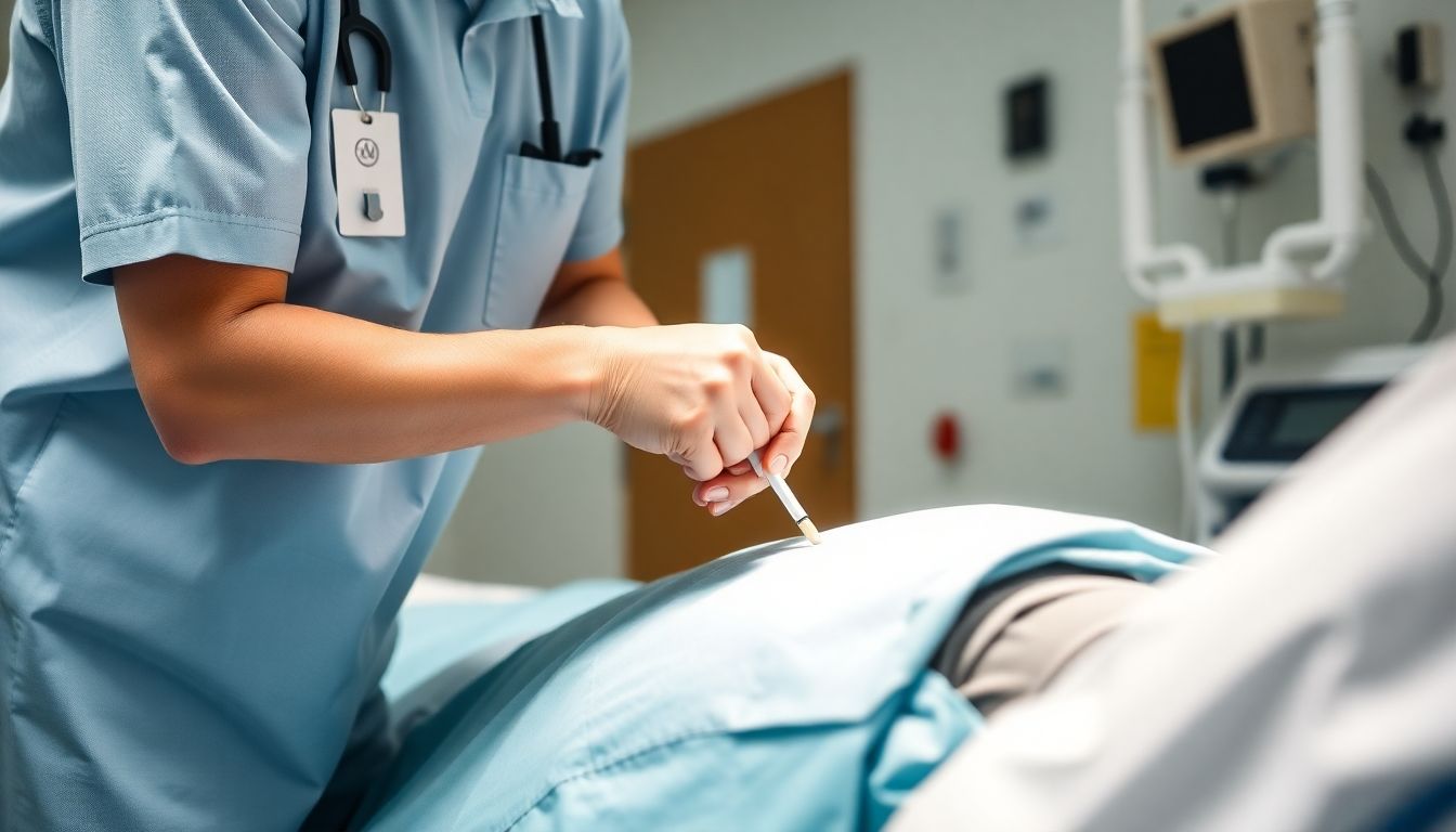 Notfallmediziner legt einen Blasenkatheter bei einem Patienten im Krankenhaus.