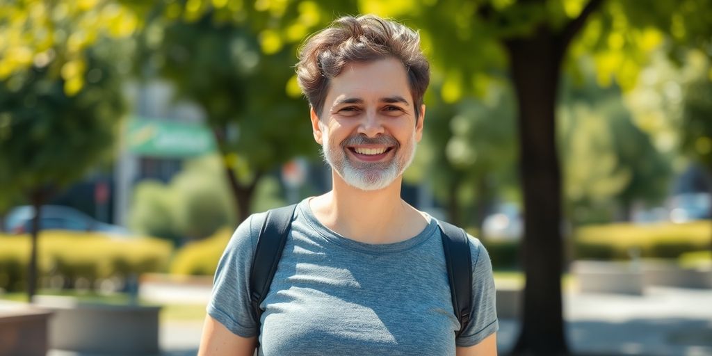 Künstlicher Darmausgang: Stoma-Patient bei der Arbeit, lächelnd und aktiv.
