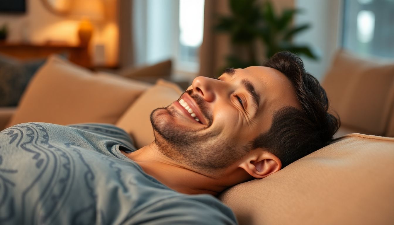 Wasserdruckstrahlmassage: Man smiling while relaxing in a modern, comfortable living room.