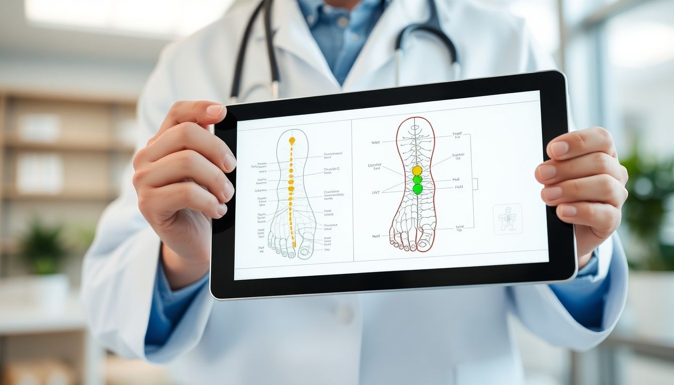 Arzt mit Tablet und Fußreflexzonenkarte