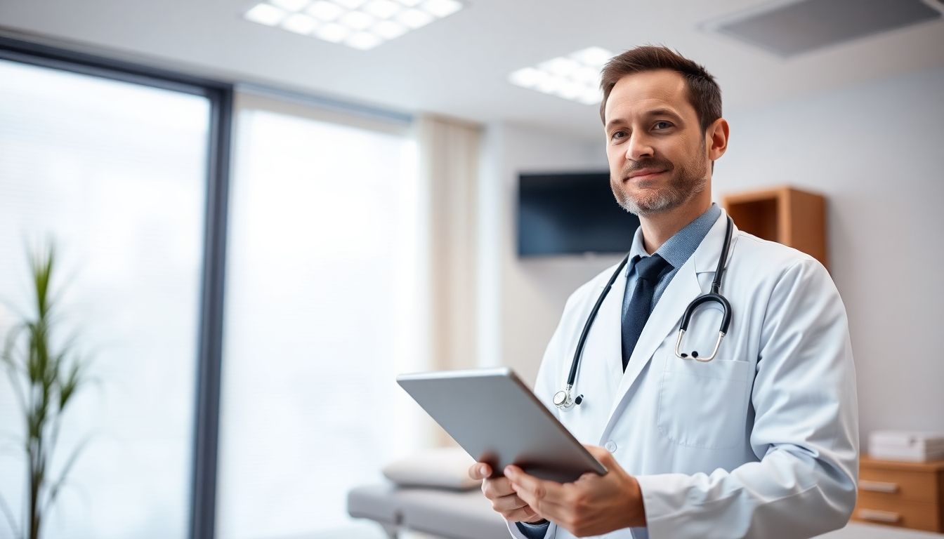 Vitalogie und das Nervensystem: Arzt mit Tablet in heller Praxisumgebung