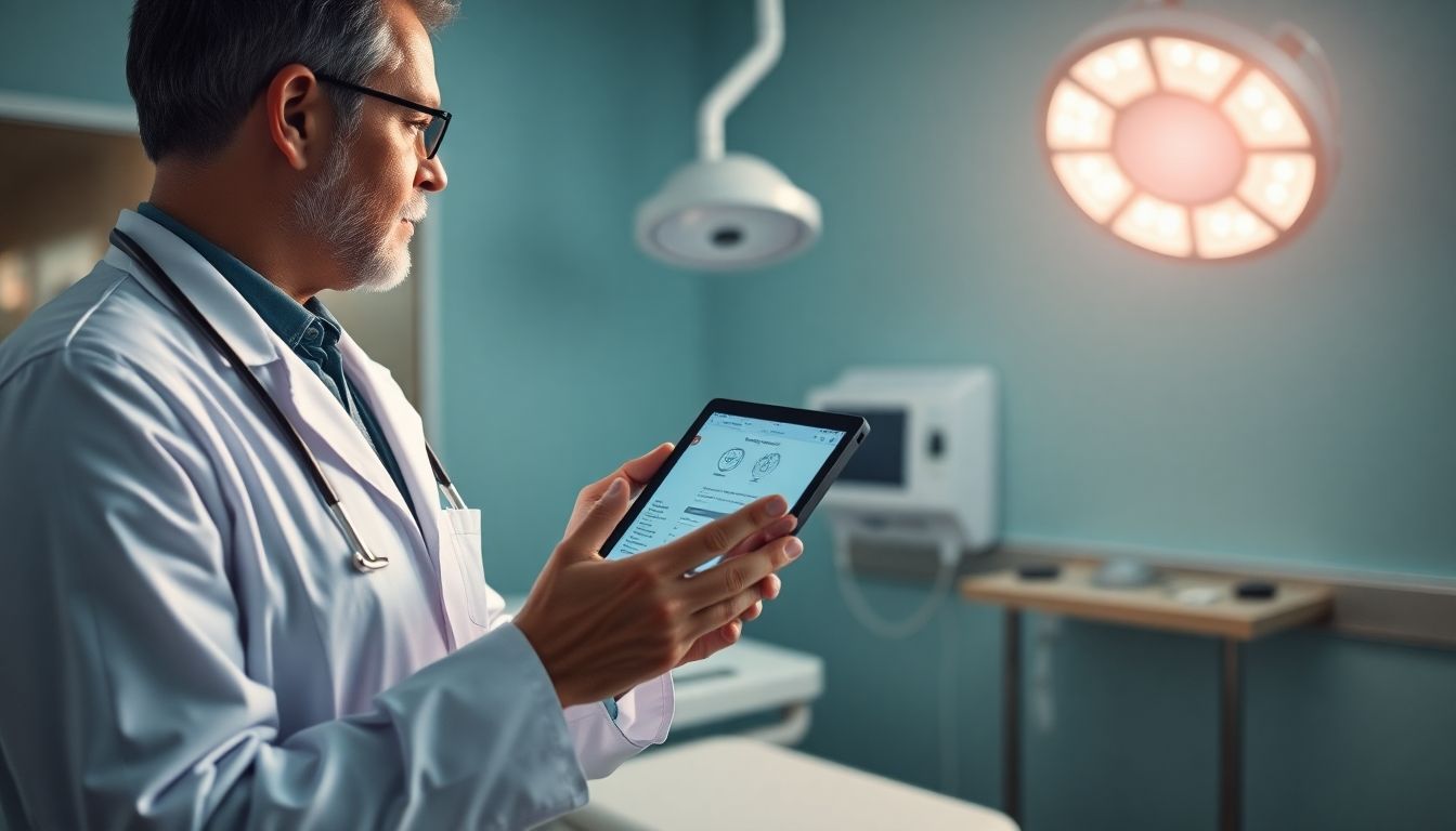 Nierentransplantation: Arzt mit Tablet in heller Umgebung, spricht mit Patienten.