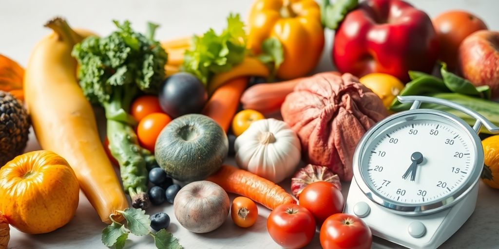 Ernährungstherapie: Gesunde Lebensmittel und eine Waage