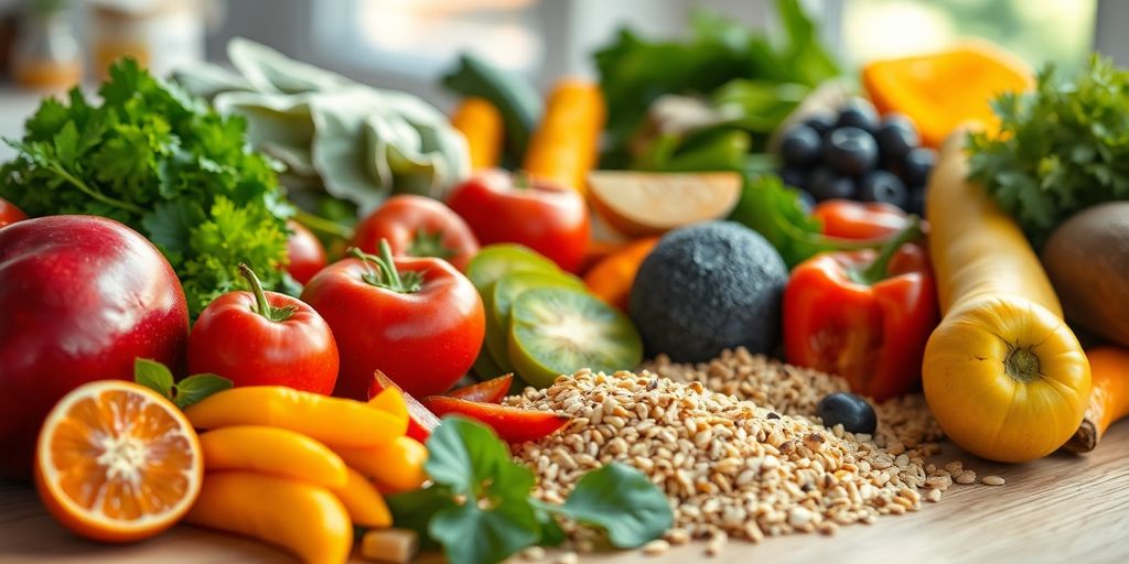 Ernährungstherapie: Gesunde Lebensmittel auf Holztisch