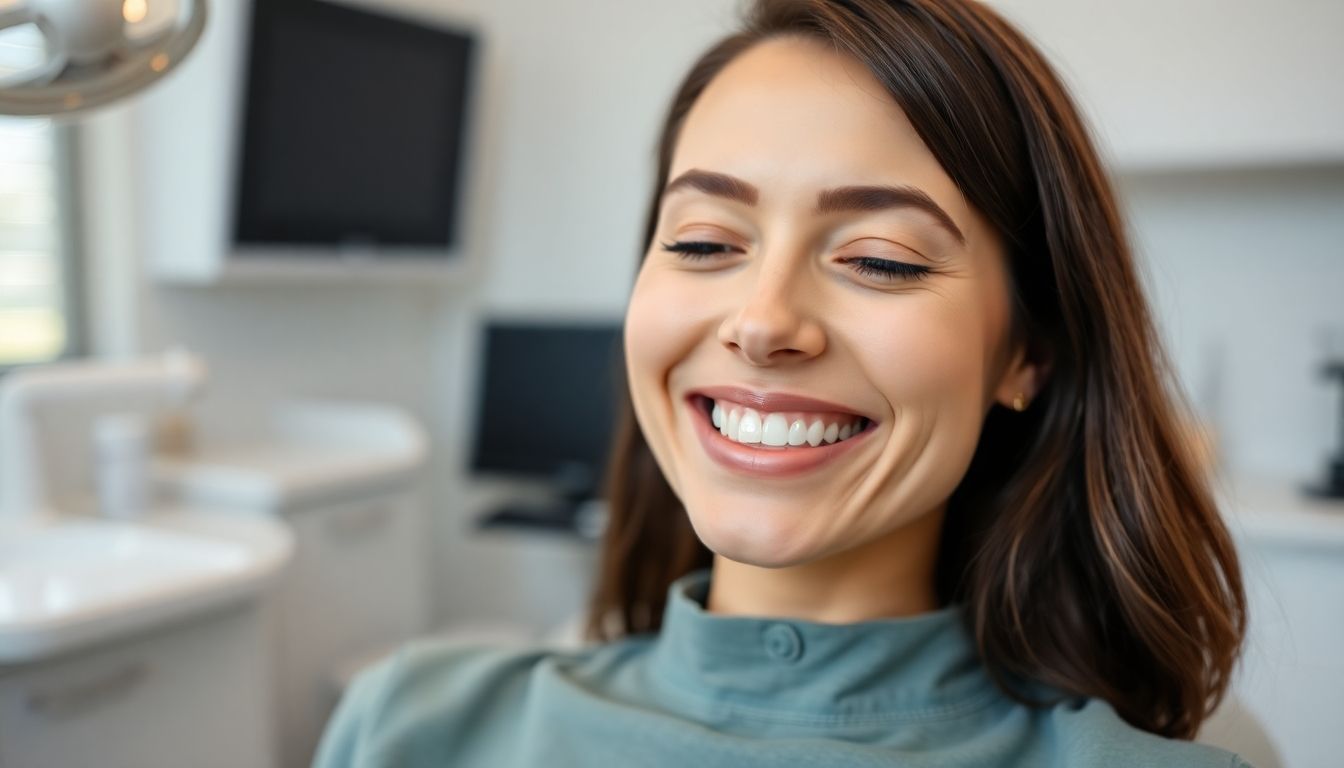 Informationen zu Therapieschienen: Patient smiling in a bright dental practice.