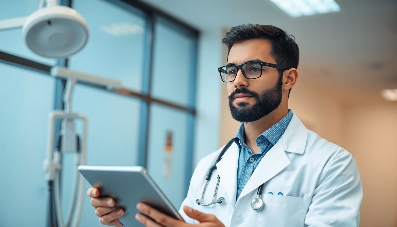 Tympanoplastik: Doctor holding a tablet in a bright medical setting.