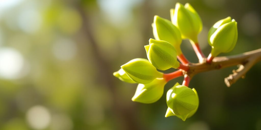 Gemmotherapie: Frische grüne Knospen an einem Zweig im Sonnenlicht.