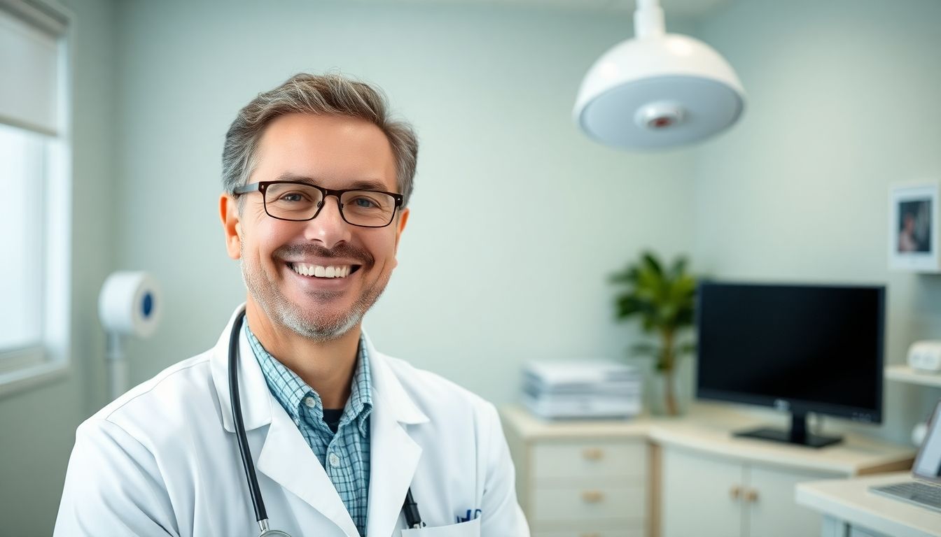 Tympanoplastik: Smiling doctor in a bright practice room.