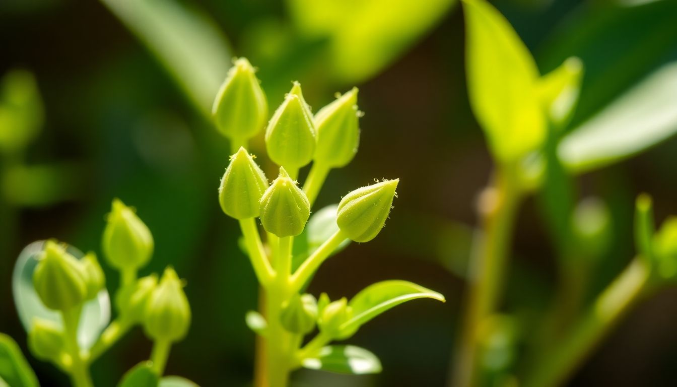 Gemmotherapie: Close-up of fresh plant buds and leaves, with a blurred background.