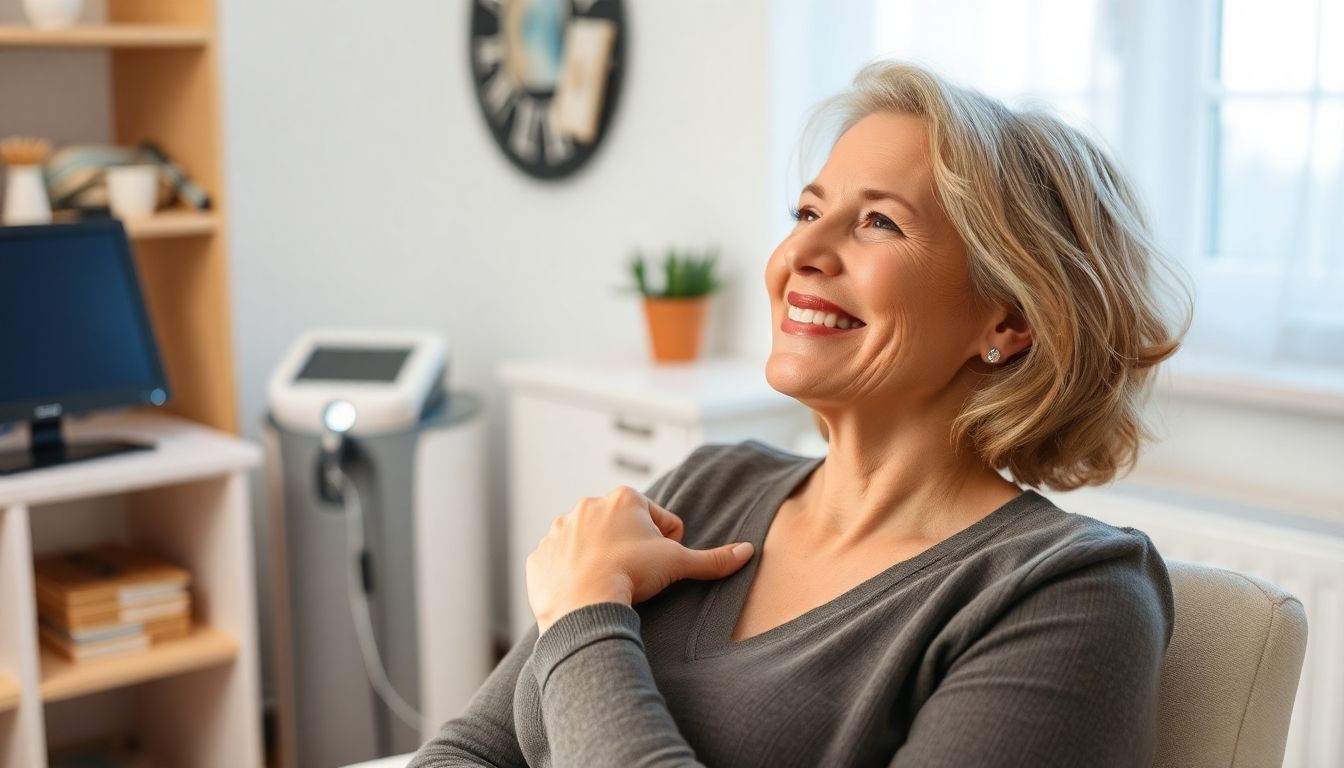 Frau lächelt während einer Elektrotherapie Behandlung.