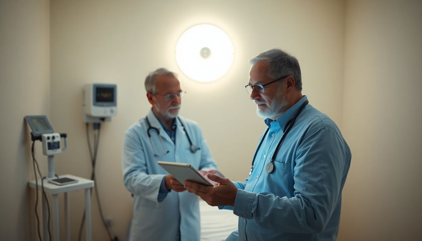 Arzt erklärt Elektrotherapie mit Tablet.