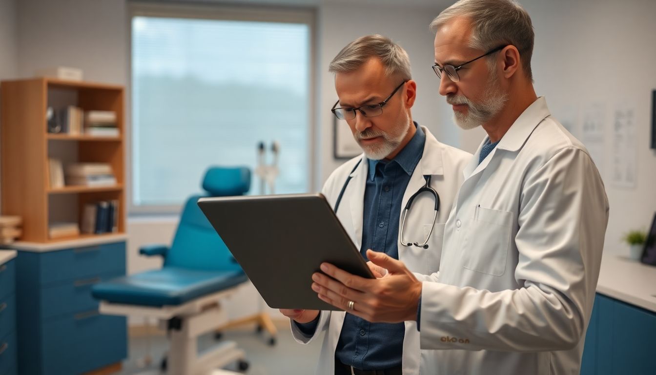 Synovektomie: Arzt mit Tablet in heller Praxisumgebung