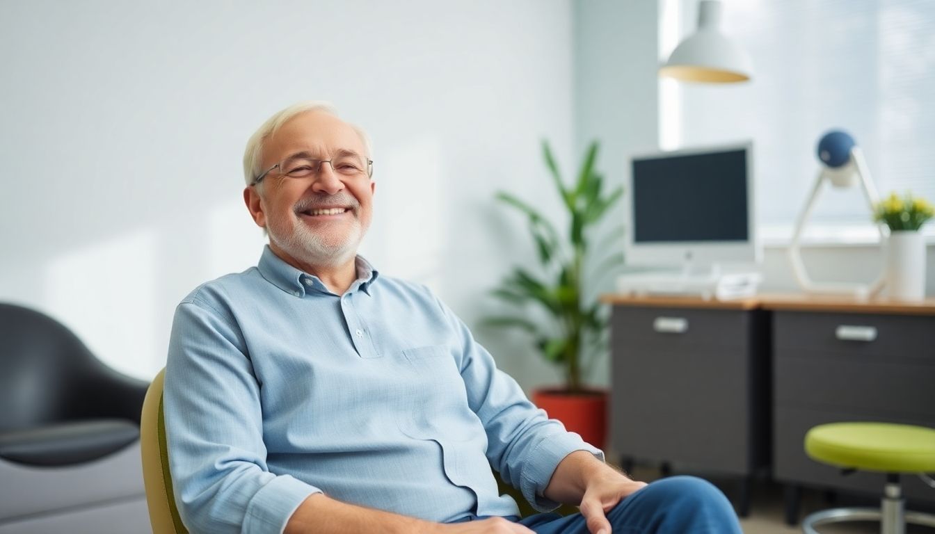 Synovektomie: Patient smiling in a bright practice room after a successful synovectomy.