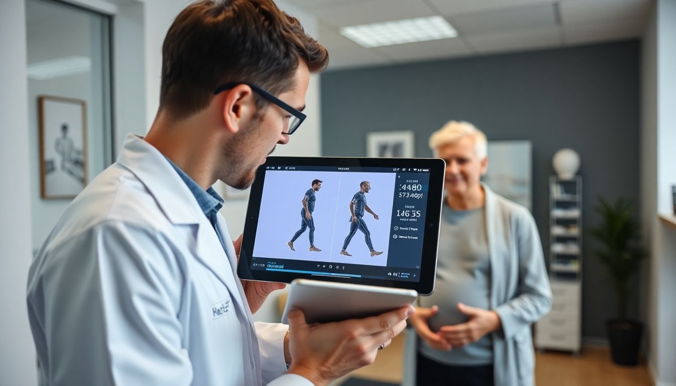 Funktionelle Bewegungslehre: Arzt mit Tablet und Patient in heller Praxis