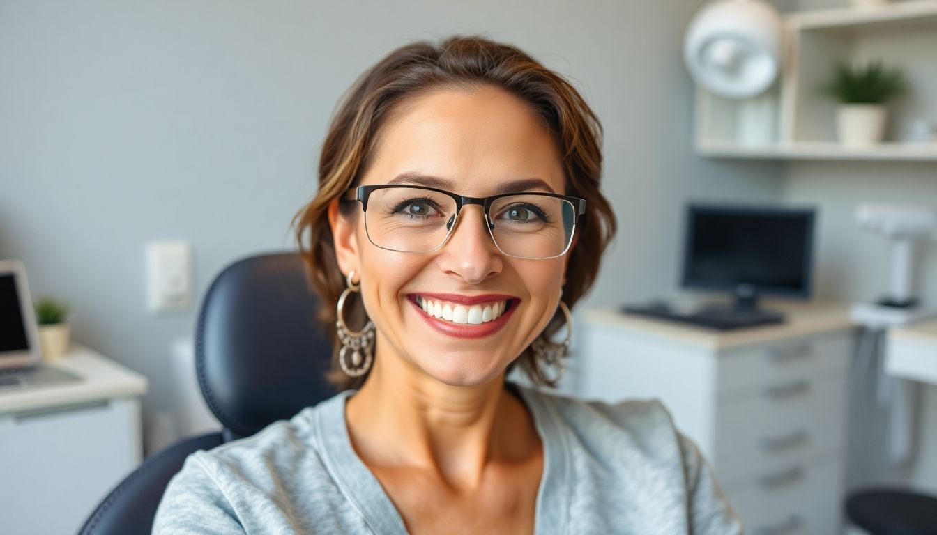 Frau mit strahlendem Lächeln, die eine Michigan-Schiene trägt