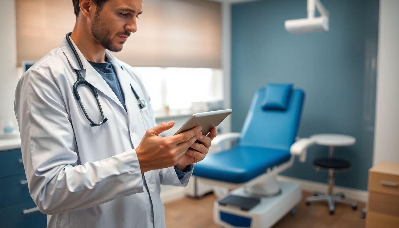 Konisation: Arzt mit Tablet in heller Praxisumgebung