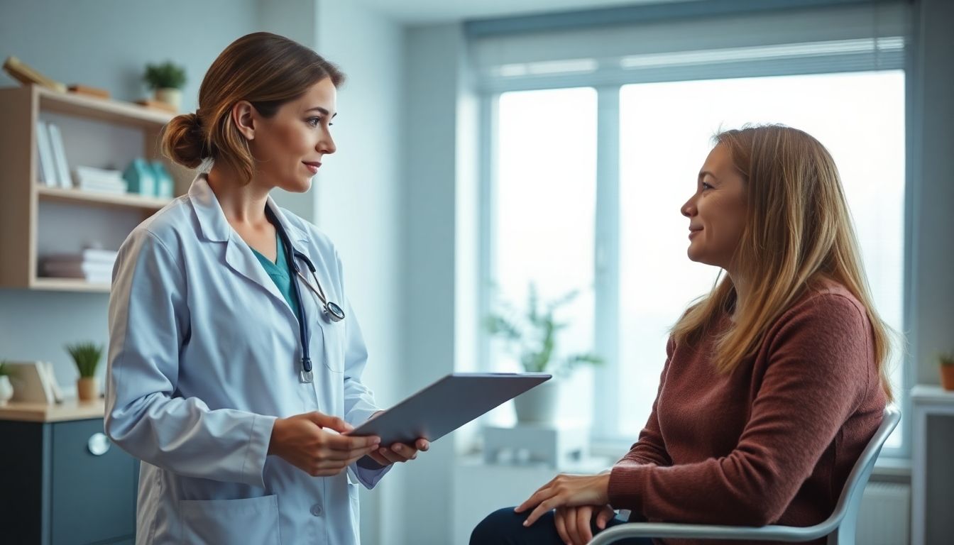 Konisation: Arzt und Patientin besprechen Befunde in heller Praxis.