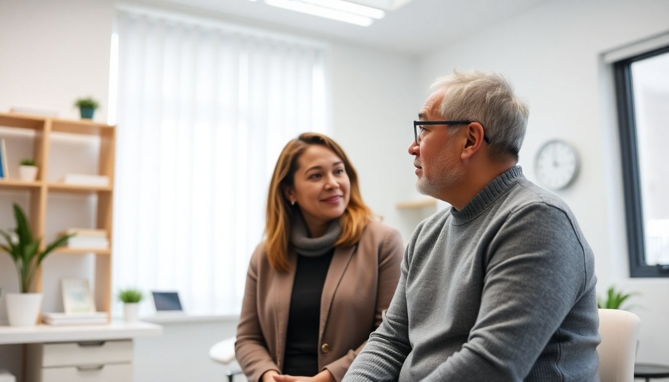 Immuntherapie: Doctor and patient discussing in a bright, modern medical practice.