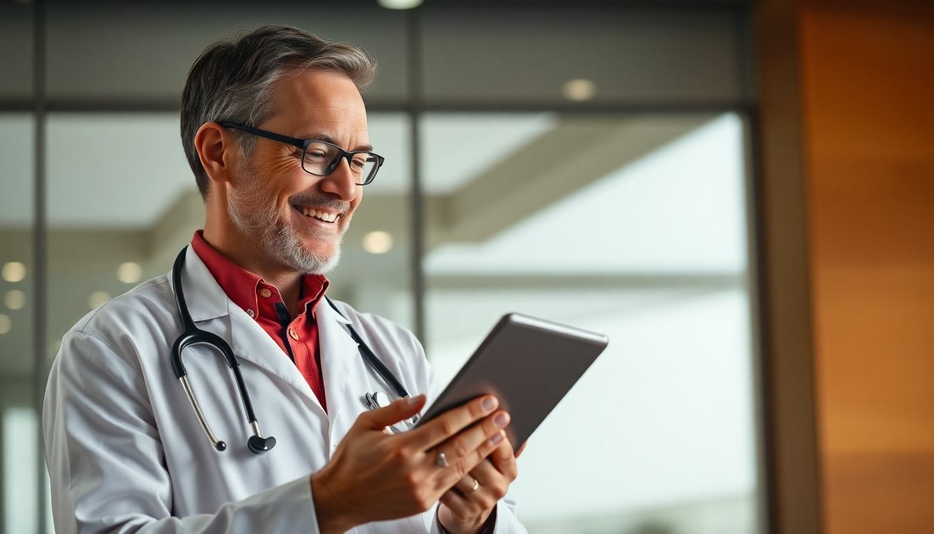 Arzt mit Tablet in heller Umgebung, erklärt Immuntherapie.