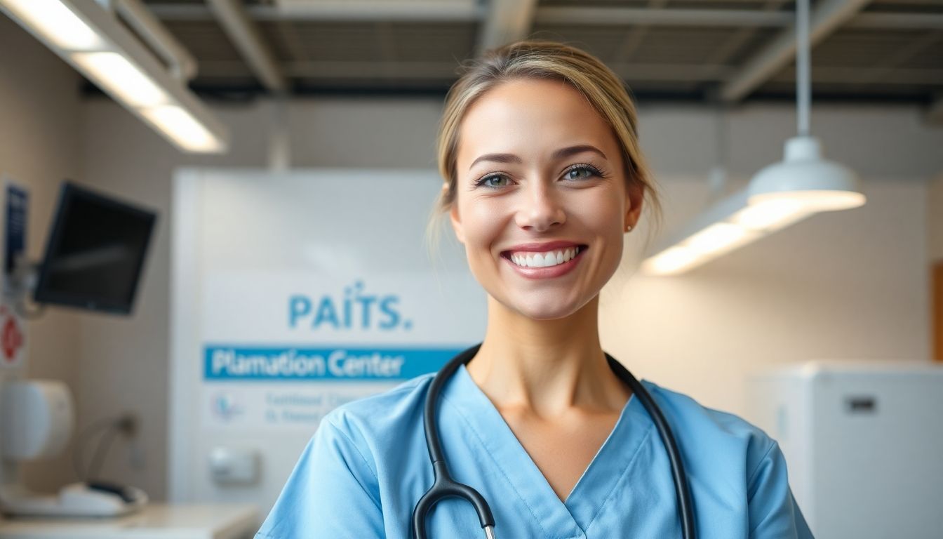 Plasma spenden: Smiling nurse in a bright, modern donation center.