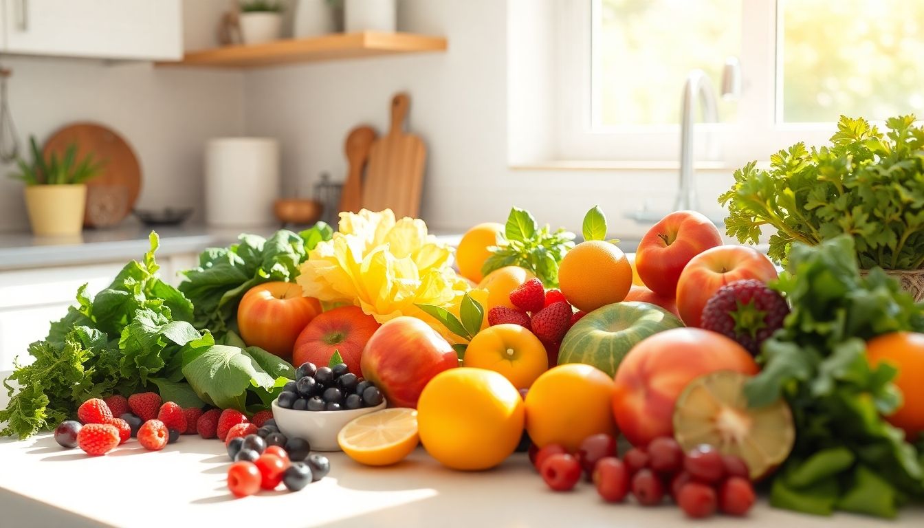 Plasma spenden: A vibrant kitchen scene with fresh fruits and vegetables.
