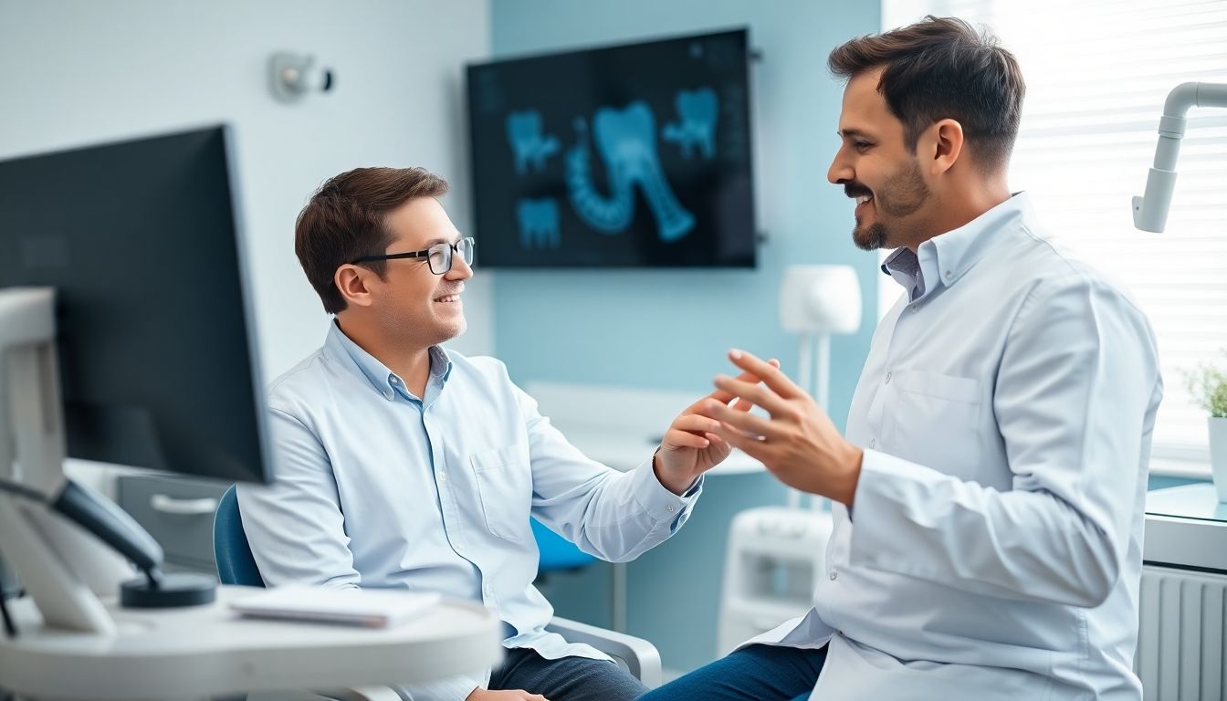 Weisheitszahn-OP: Dentist and patient discussing wisdom teeth removal in a bright clinic.