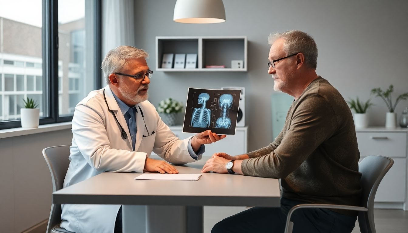 Arzt bespricht Röntgenbild mit Patient in heller Praxis.