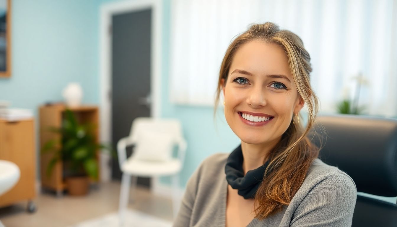 Blutegel Therapie: Smiling woman in a bright, modern therapy room.