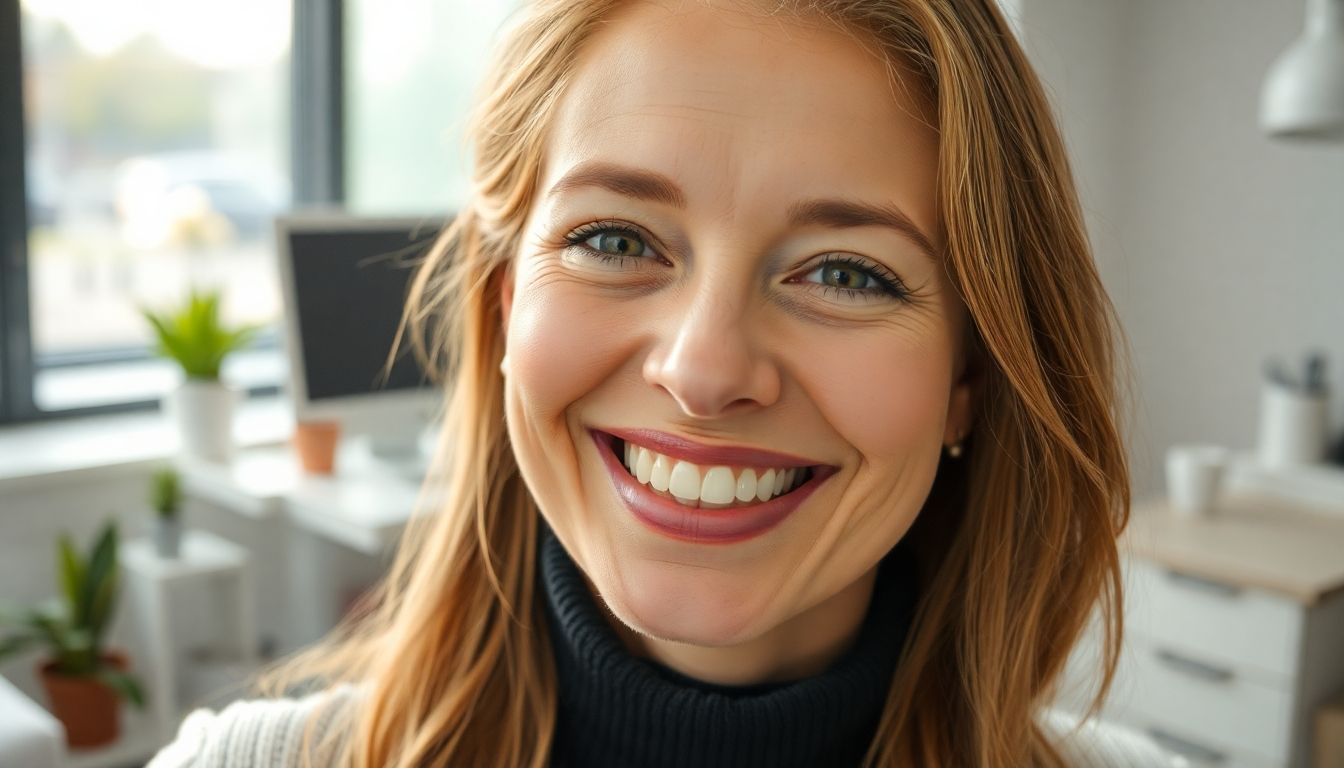 Zahnkrone: Frau mit strahlendem Lächeln in einer modernen Zahnarztpraxis.