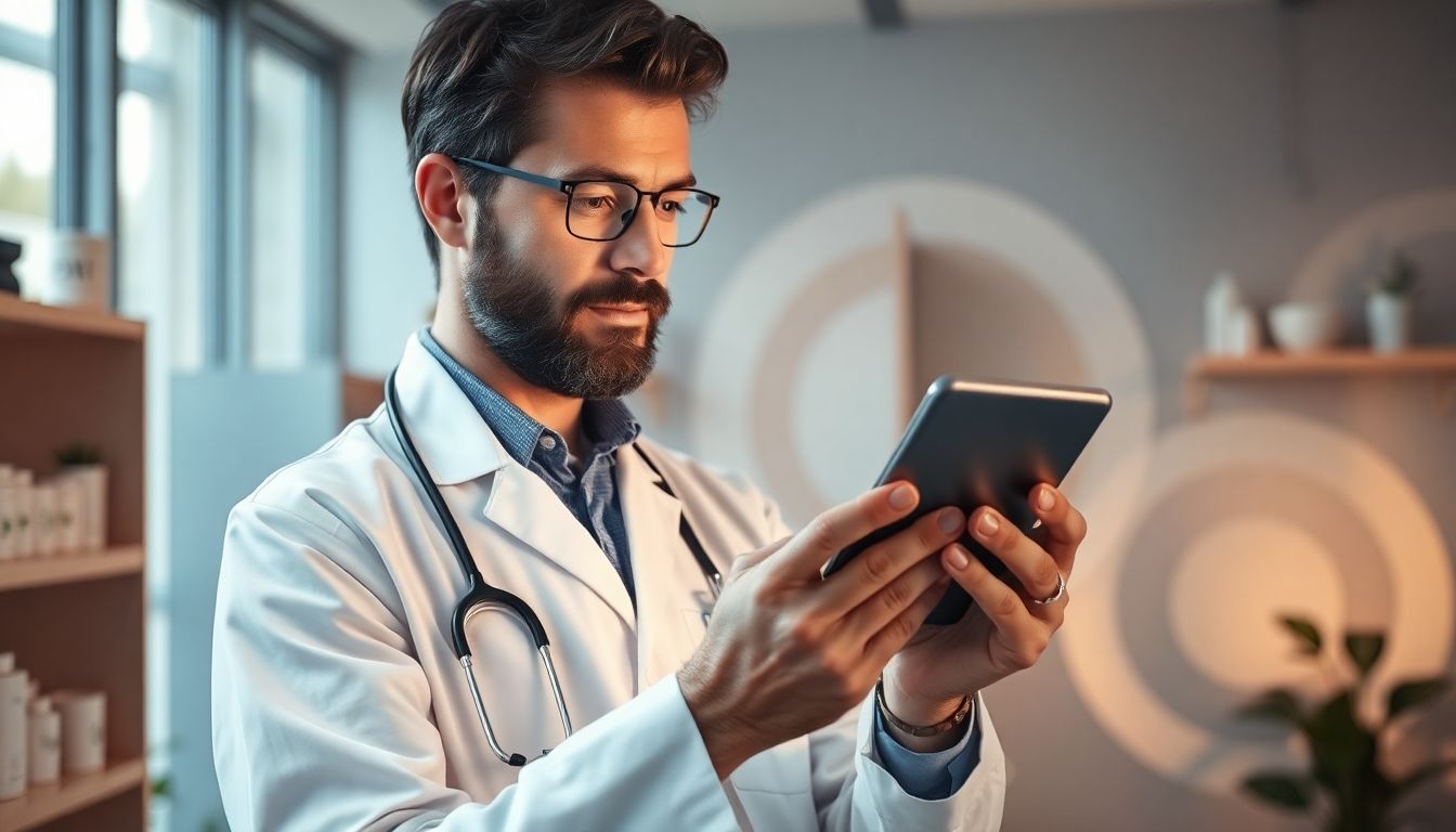 Grenzen und Kritik der Farbtherapie: Arzt mit Tablet in heller Umgebung, umgeben von sanften Farbverläufen.