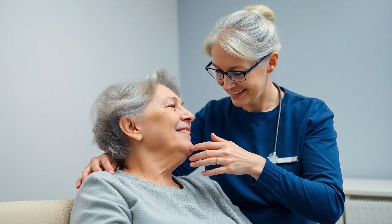 Pflegerin hilft älterer Frau mit Luftröhrenschnitt.