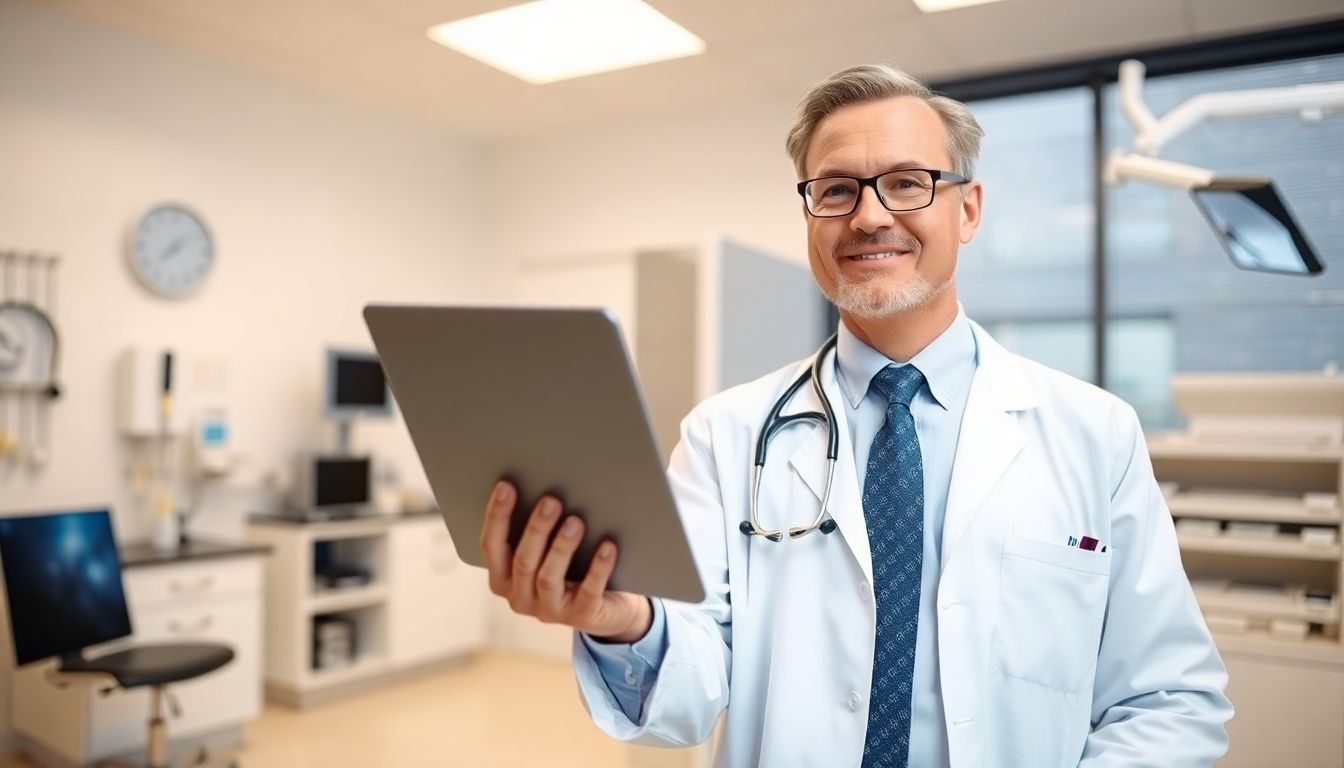 Laminektomie: Doctor holding a tablet in a bright, modern medical setting.