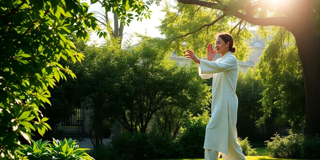 Person in ruhiger Qigong-Pose in friedlicher Landschaft.