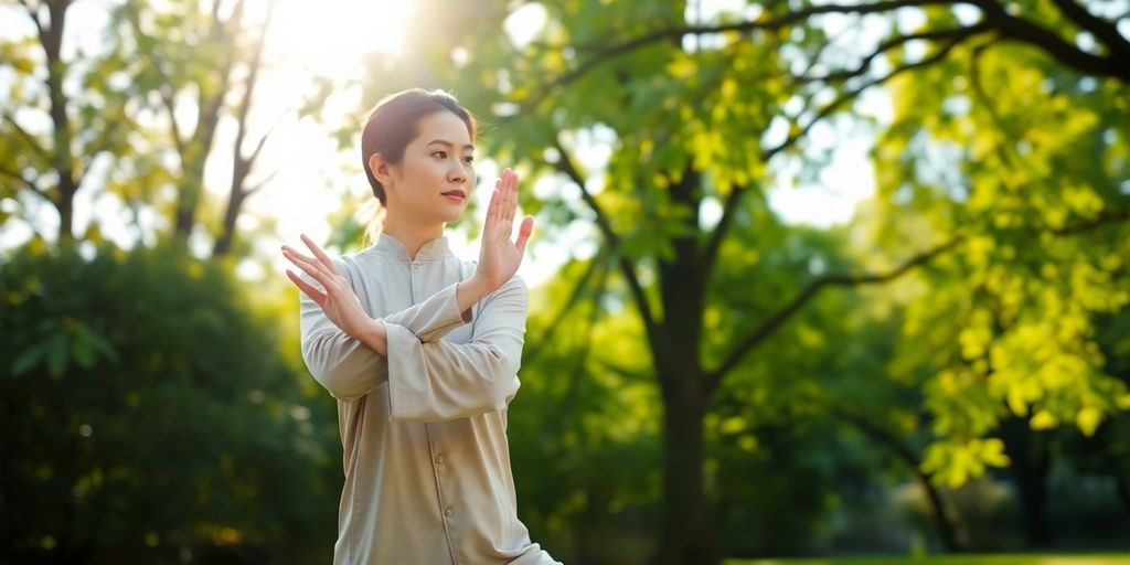 Ältere Person praktiziert Qigong in ruhiger Umgebung mit Bäumen.