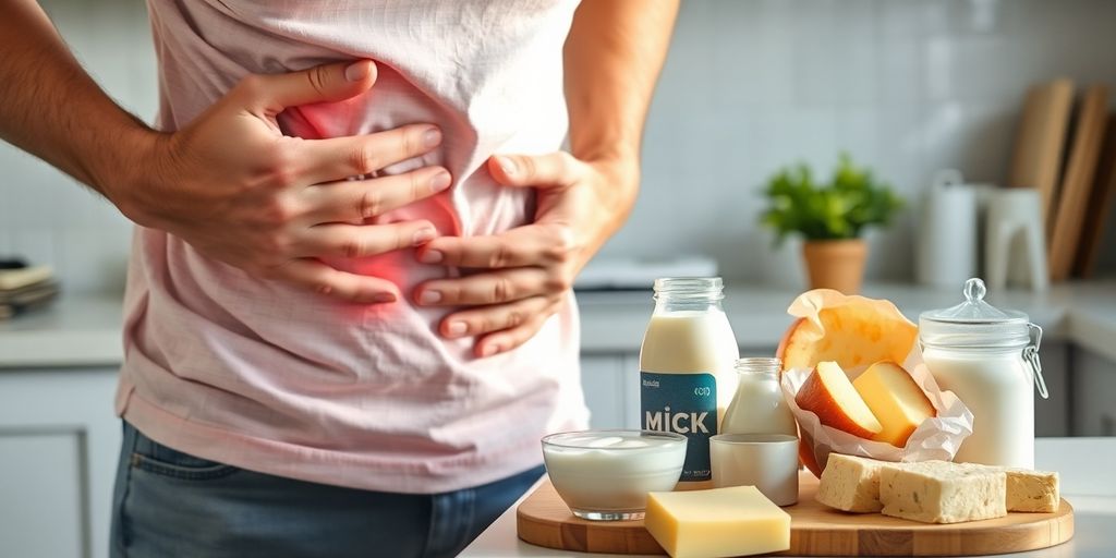 Laktose-Unverträglichkeit: Frau mit Bauchschmerzen und laktosefreien Lebensmitteln.