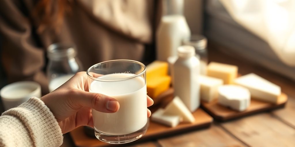 Laktose-Unverträglichkeit: Frau hält Glas Milch, daneben laktosefreie Produkte.
