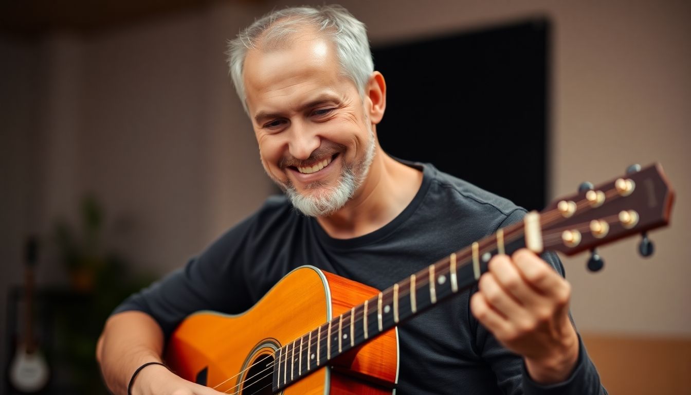 Musiktherapie: Man playing a guitar and smiling.