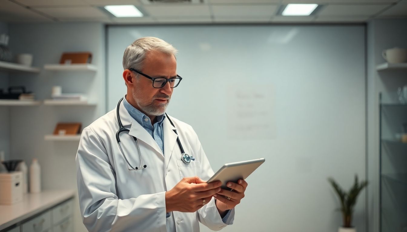 Oligotherapie: Arzt mit Tablet in heller Praxis