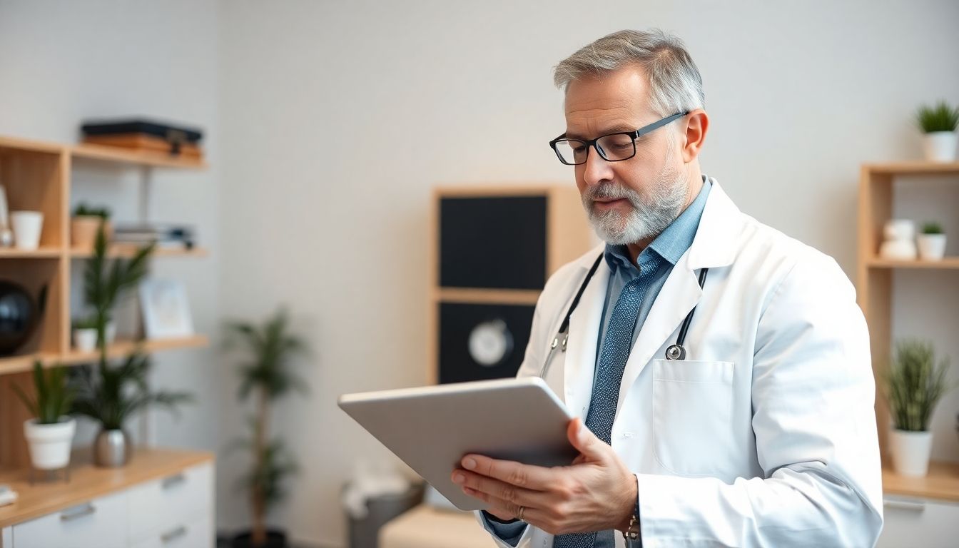 Neurofeedback: Arzt mit Tablet in heller Umgebung, Patient im Hintergrund