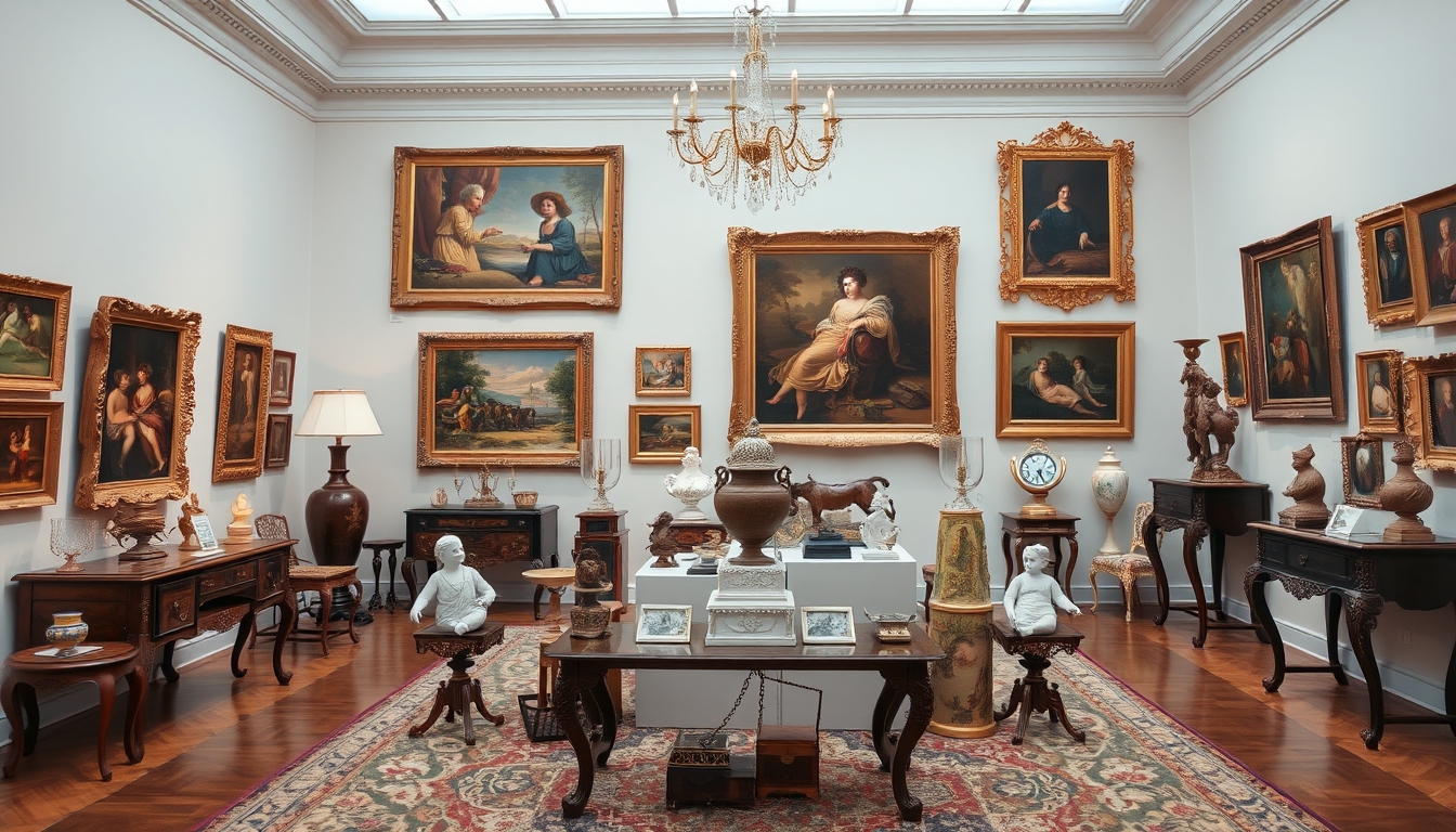 Collection of valuable art objects in a gallery.