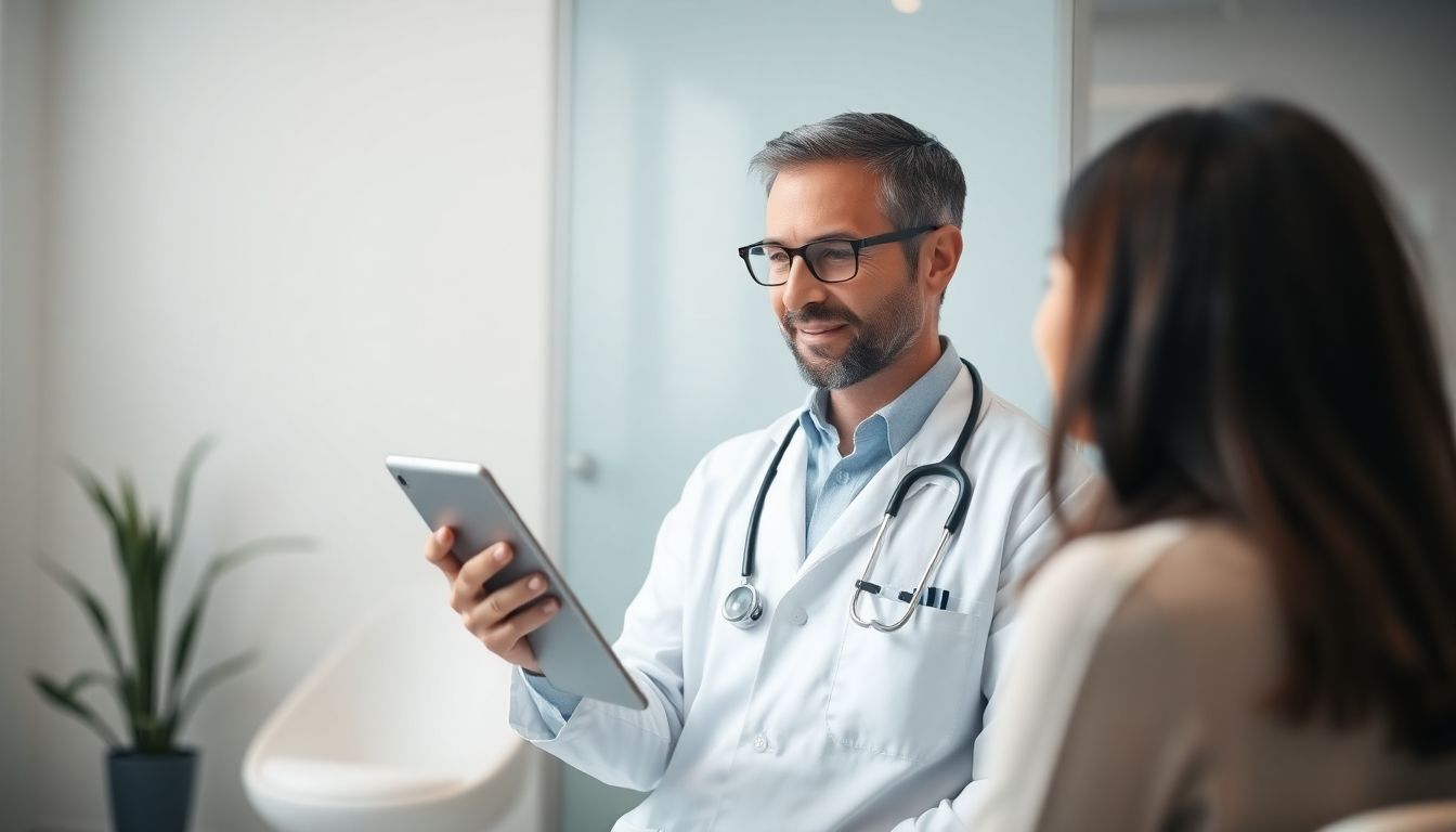 Schilddrüsenvorsorge: Doctor consulting patient with tablet in a bright room.
