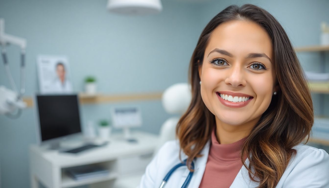 Schilddrüsenvorsorge: Smiling woman in a bright, modern medical practice.