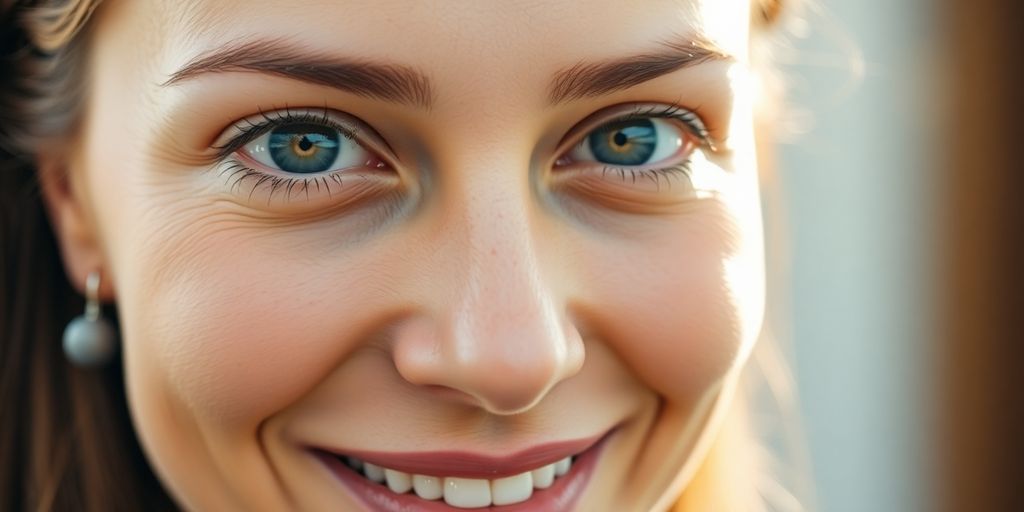 Refraktive Chirurgie: Frau ohne Brille lächelt, verschwommener Hintergrund