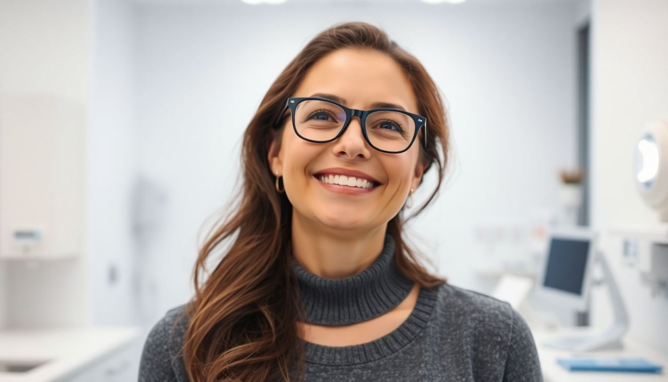 Refraktive Chirurgie: Frau mit strahlendem Lächeln in einer hellen, modernen Augenarztpraxis.